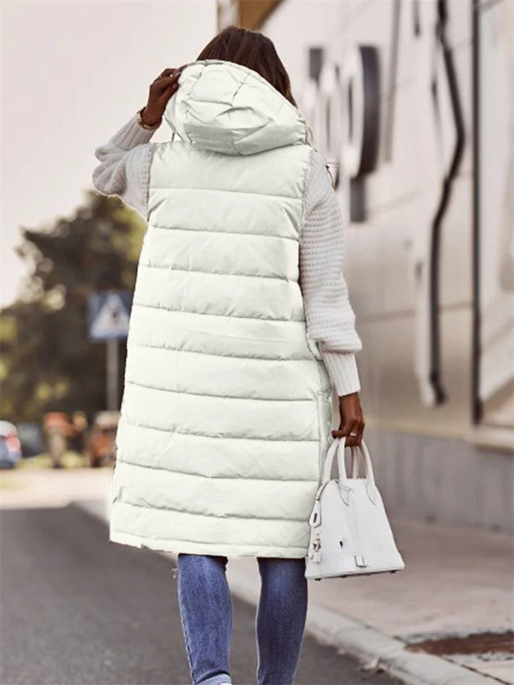 Cotton Coat Women Sleeveless Light Thin Long Slim Hooded Waistcoat 2023 Autumn Winter New Fashion Temperament White S-5XL Coats