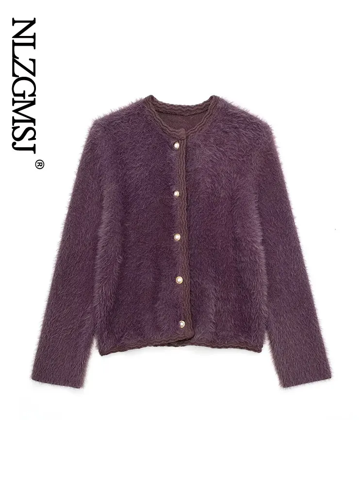 

Nlzgmsj Autumn Winter Knitted Cardigan Single-breasted Ladies Sweater Casual Loose Purple Knitted Tops