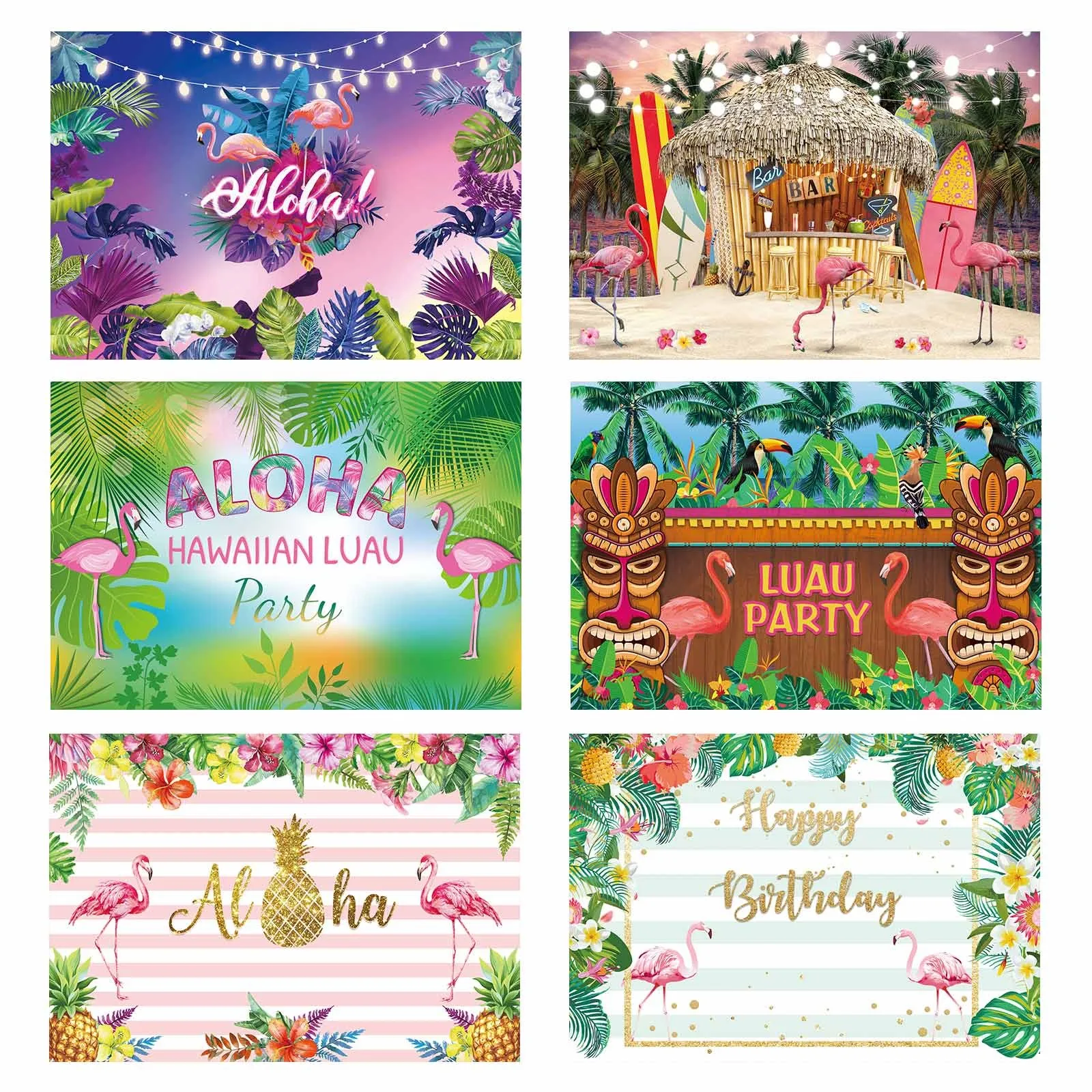 

Allenjoy Flamingo Aloha Backdrop Tropical Summer Pink Hawaii Flower Leaves Kids Luau Party Decoration Customize Background