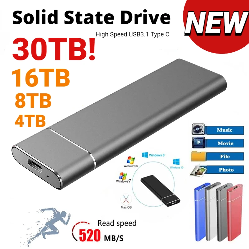 Портативный SSD, высокоскоростная передача, 1 ТБ, 2 ТБ, 4 ТБ, 8 ТБ, 16 ...