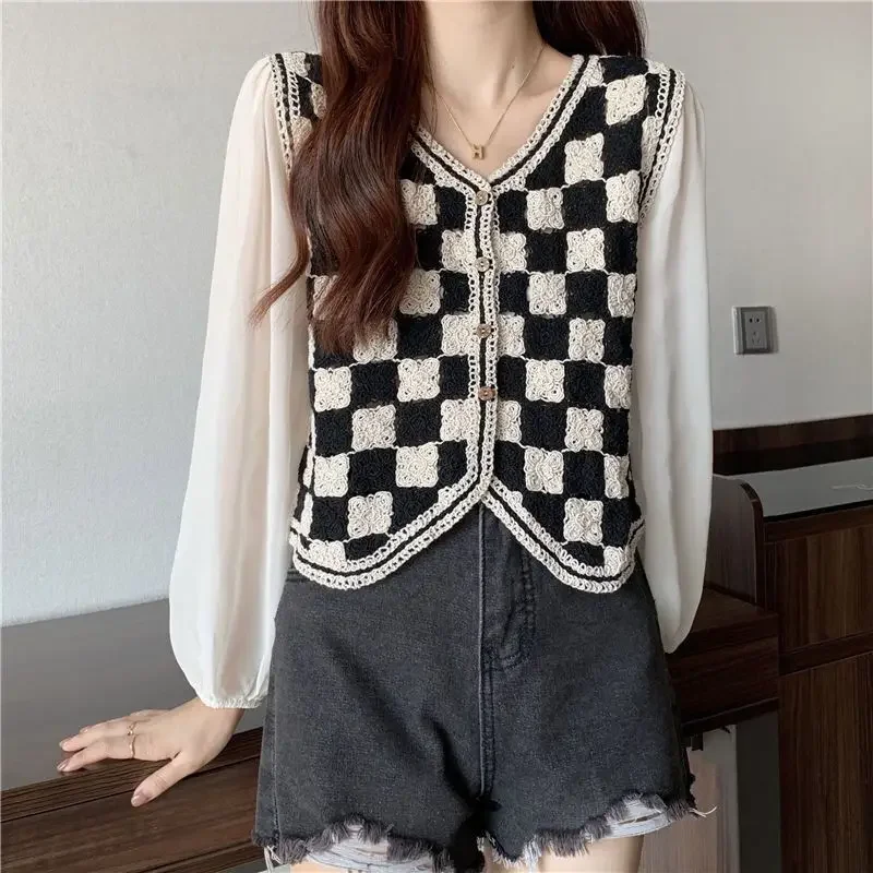 Женская винтажная Блузка в клетку с V-образным вырезом на пуговицах