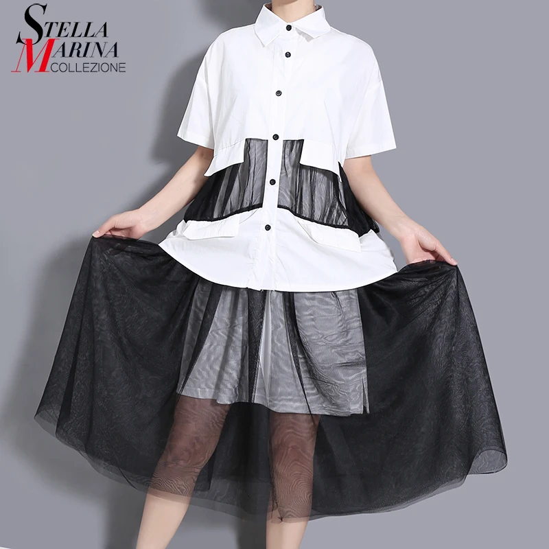 

New Woman Summer Black And White Mesh Patchwork Straight Plus Size Shirt Dress Pocket Girls Unique Casual Robe Femme Style 8518