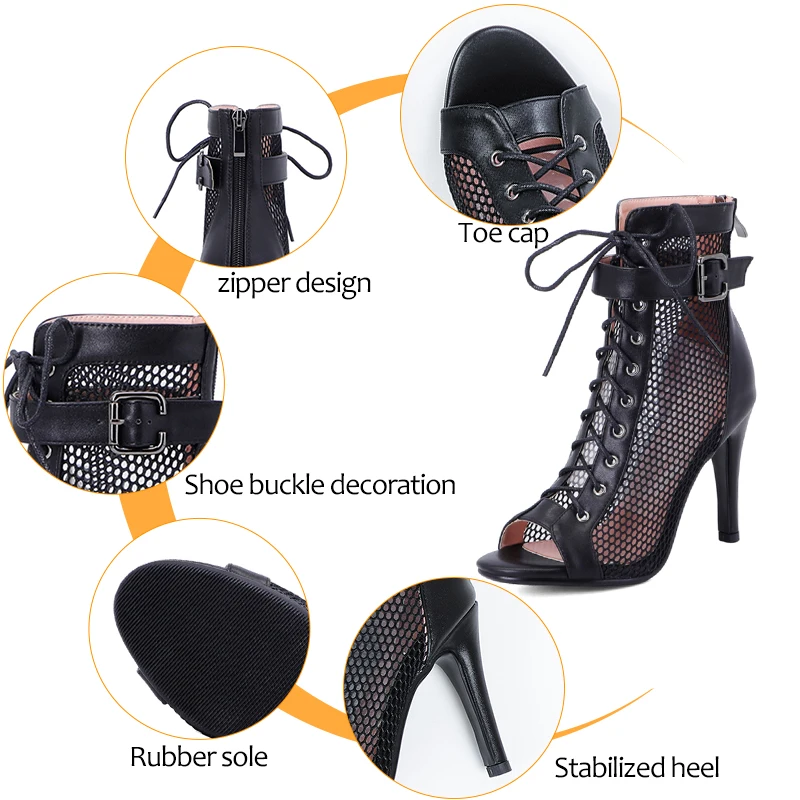 HROYL Woman Sexy Stilettos Latin Dance Shoes Tango Mesh Boots Ladies Party Dance Booties Women's Dancing Shoes Salsa Ballroom