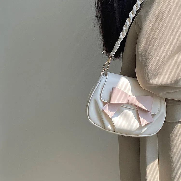 

Korean Bow Aesthetic Soft Leather Shoulder Bag 2023 Fashion All Match Sweet Girl Crossbody Bag Y2k Pleated Purses and Handbags