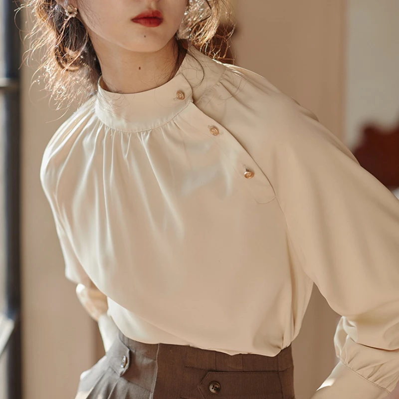 2023 New Fashion Chiffon Blouses Stand Collar Diagonal Buckle Vintage Elegant Apricot Shirts Female Latern Sleeve