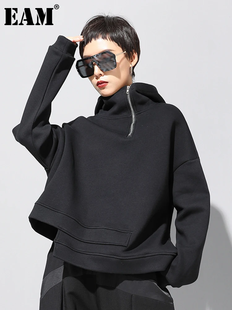 

[EAM] Loose Fit Asymmetrical Big Size Sweatshirt New Hooded Long Sleeve Women Big Size Fashion Tide Spring Autumn 2022 19A-a527