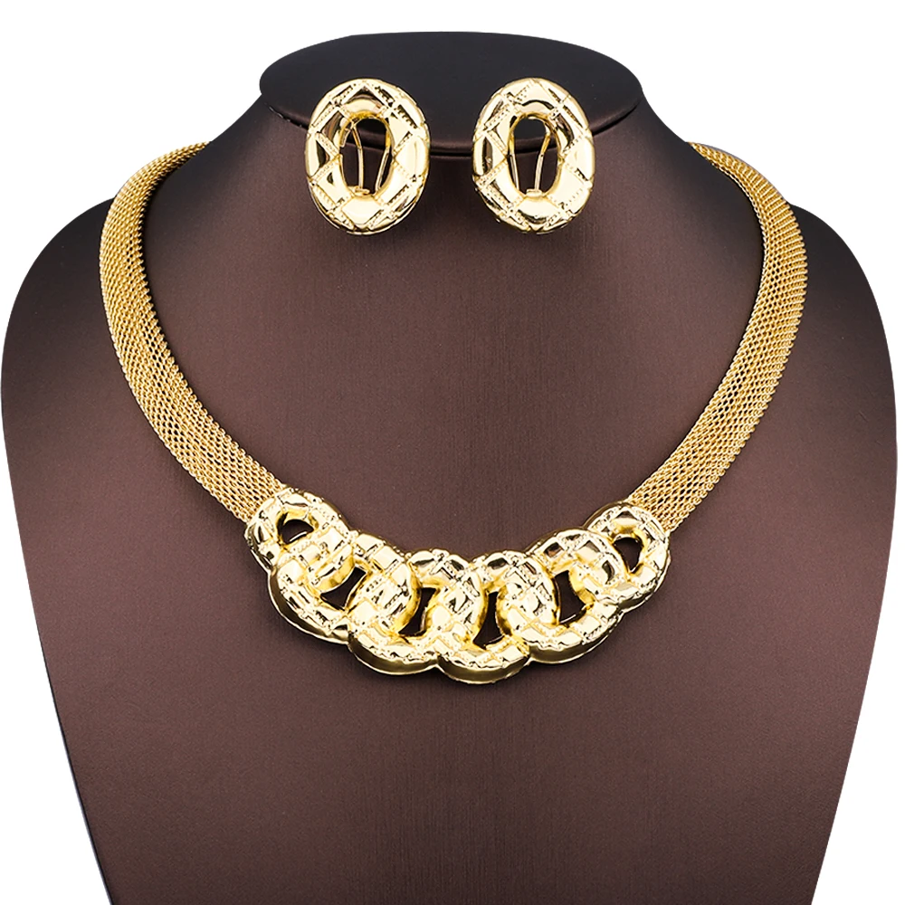 

Gold Plated Geometry Round Circle Flat Necklace Earring Jewelry Set Dubai African Ethiopians Women Wedding Party Bridal Gifts