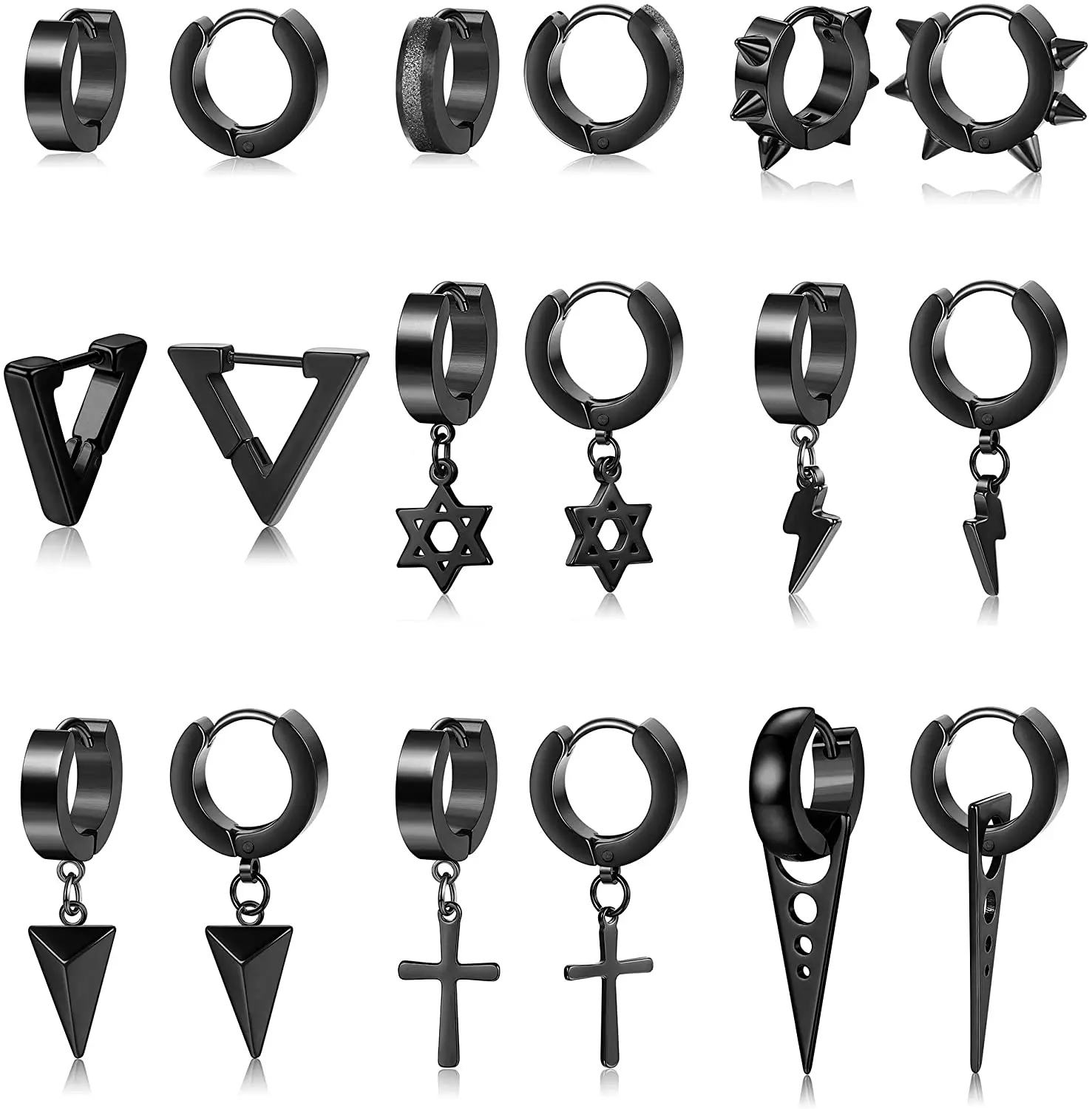 

9 Pairs Stainless Steel Punk Hoop Earrings Men Women Small Black Kpop Huggie Earrings Set Triangle Cross Hinged Dangle Earrings