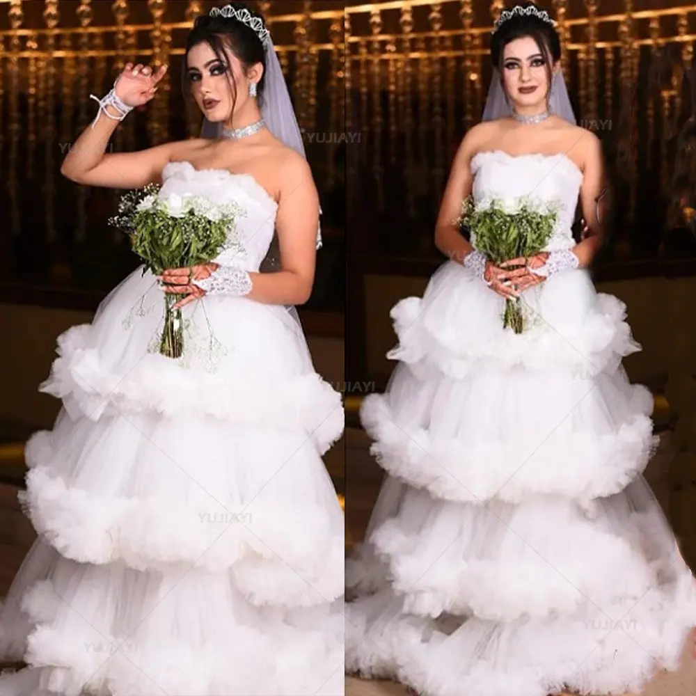 

White Tiered Ruffles Dress Wedding Gown Photoshoot Fluffy Tulle Evening Gown Puffy Bridal Dressing Gown