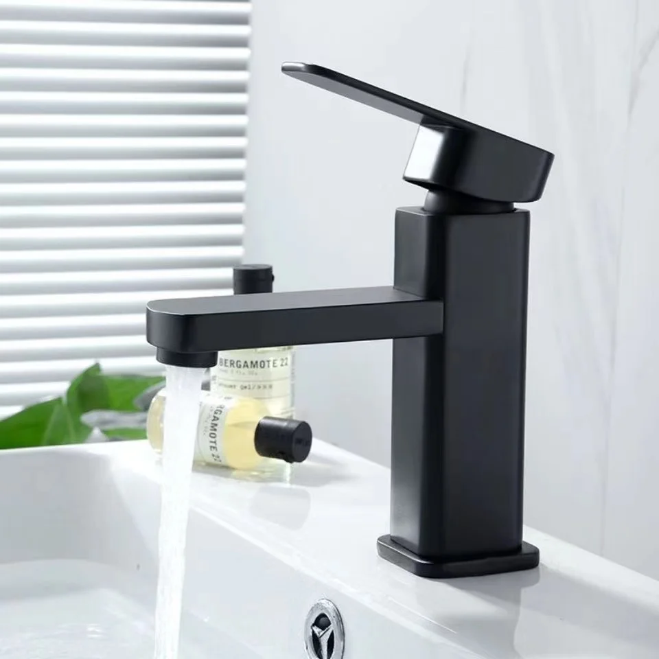

Bathroom Basin Faucet Stainless Steel/Ceramic Fashion Black Copper Bottom Square Single Hole Paint Hot and Cold Sink Faucet