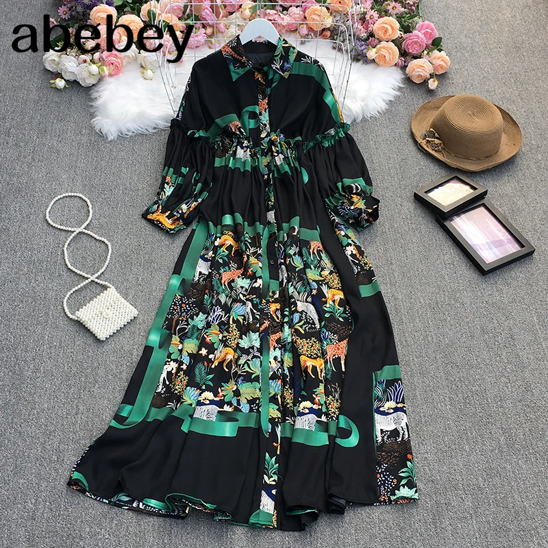 

2021 New Spring Bohemian turn-down collar long sleeve Dress high waist pleated waist floral single breasted A-line Dress