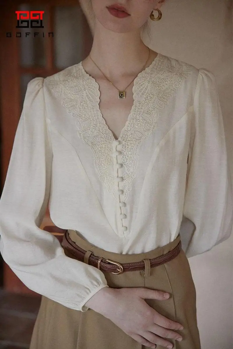 

Белая кружевная ажурная женская блузка BOFFIN с вышивкой, винтажная рубашка с длинным рукавом и V-образным вырезом, элегантный женский топ, офисные повседневные рубашки