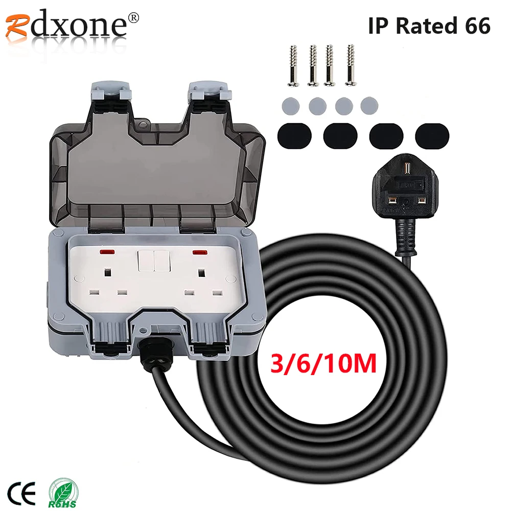 

UK Plug Socket 3/6/10m Extension Lead Socket with Switch Indicator Light IP66 Waterproof Socket BS1363 UK Plug Extension Socket