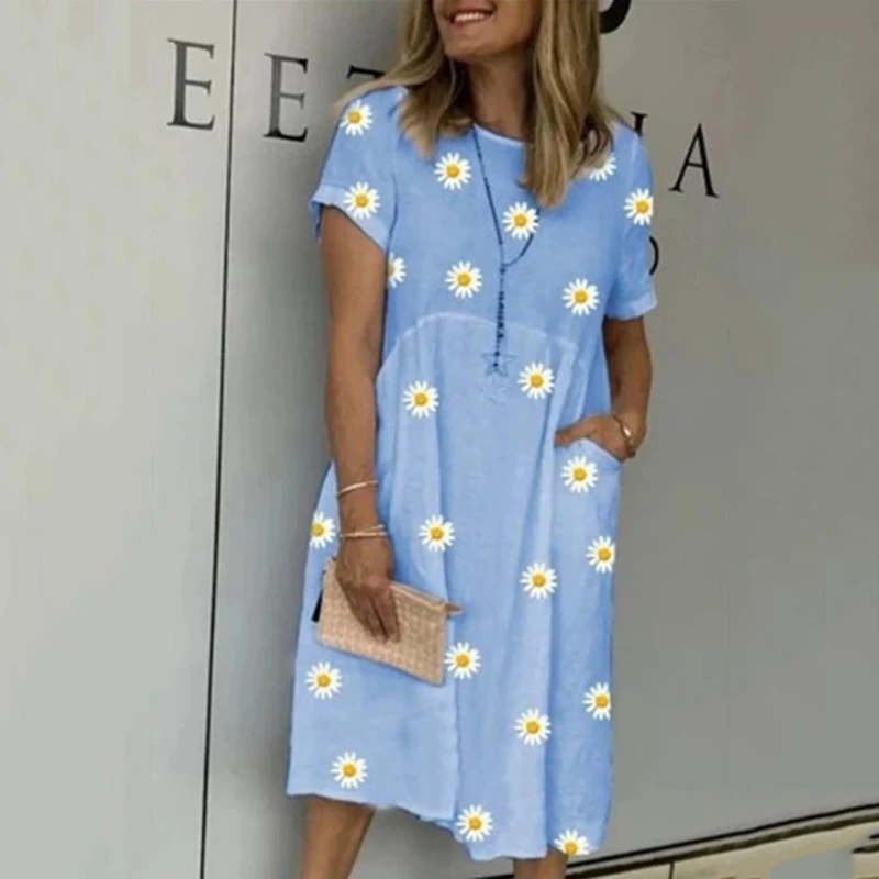 

Новинка 2022, Стильное женское летнее модное платье-миди с цветочным принтом, круглым вырезом и коротким рукавом