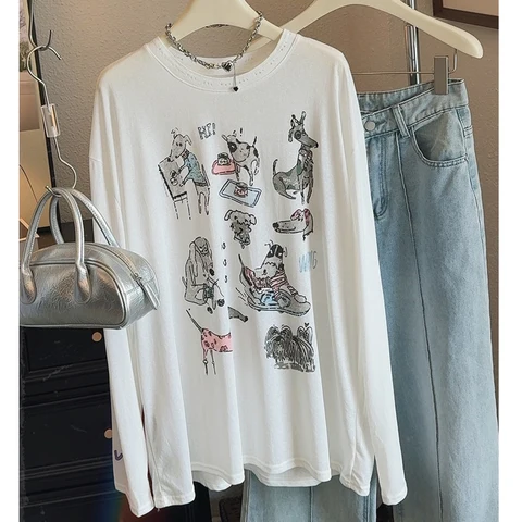 Женские летние тонкие футболки с длинным рукавом и мультяшным принтом, милые футболки с круглым вырезом, летние топы для женской одежды, прозрачная одежда