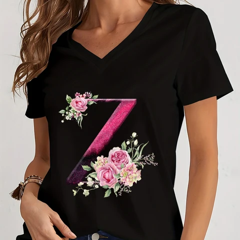 Женская Винтажная футболка с буквами, женская модная футболка с коротким рукавом, футболка с V-образным вырезом в стиле Харадзюку, с цветочным принтом