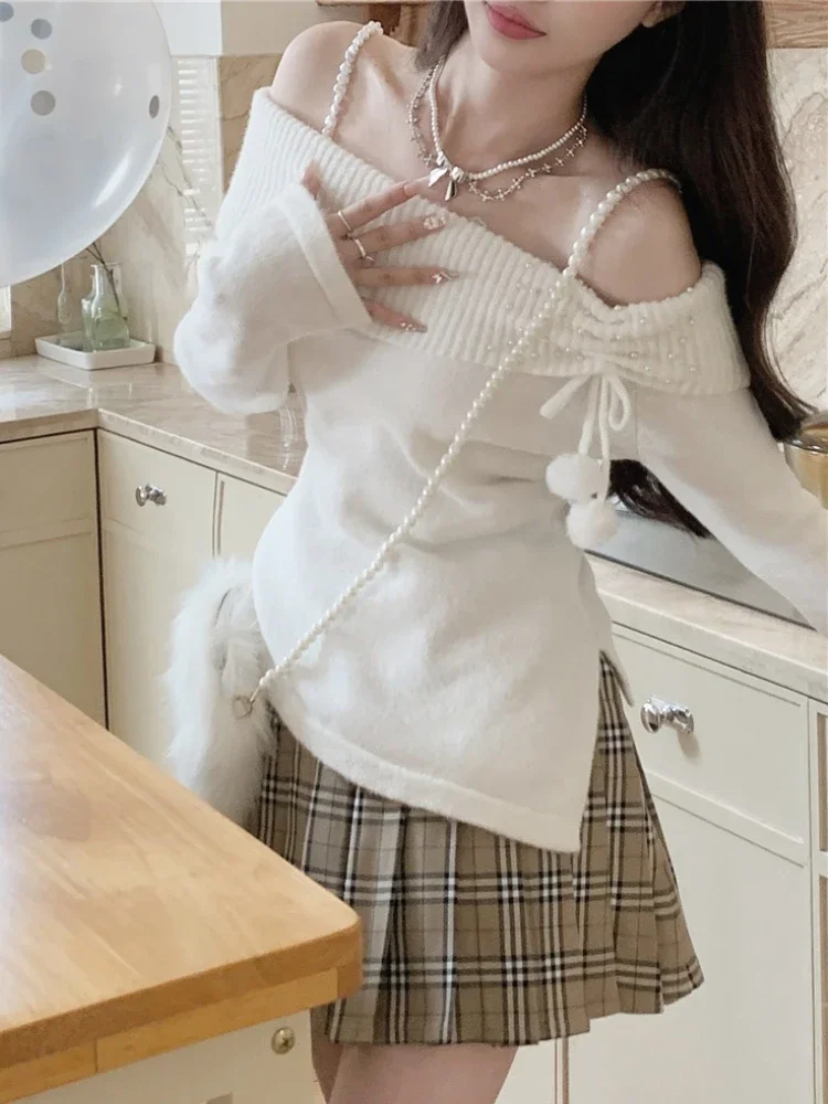 Японский белый милый свитер Kawaii женские милые элегантные пуловеры с открытыми