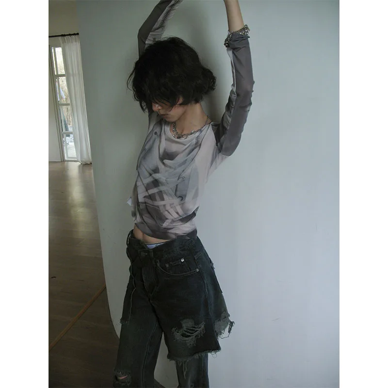 Футболка женская сетчатая в готическом стиле с принтом Y2k