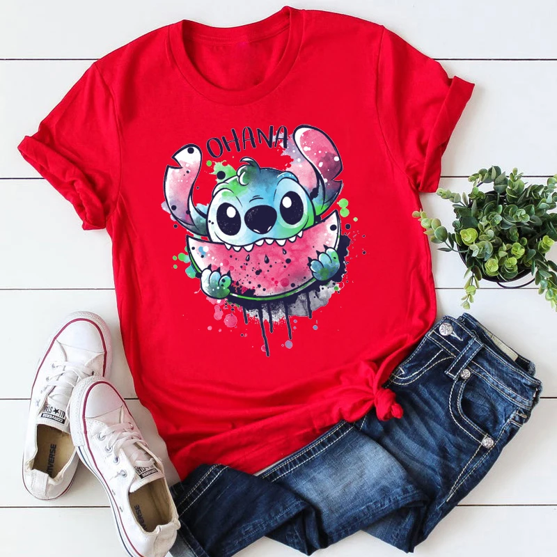 

Женская Красная футболка Kawaii Мультфильм Стич футболка для женщин Охана Лило Стич графический принт футболки Симпатичные Аниме Топы Harajuku фу...