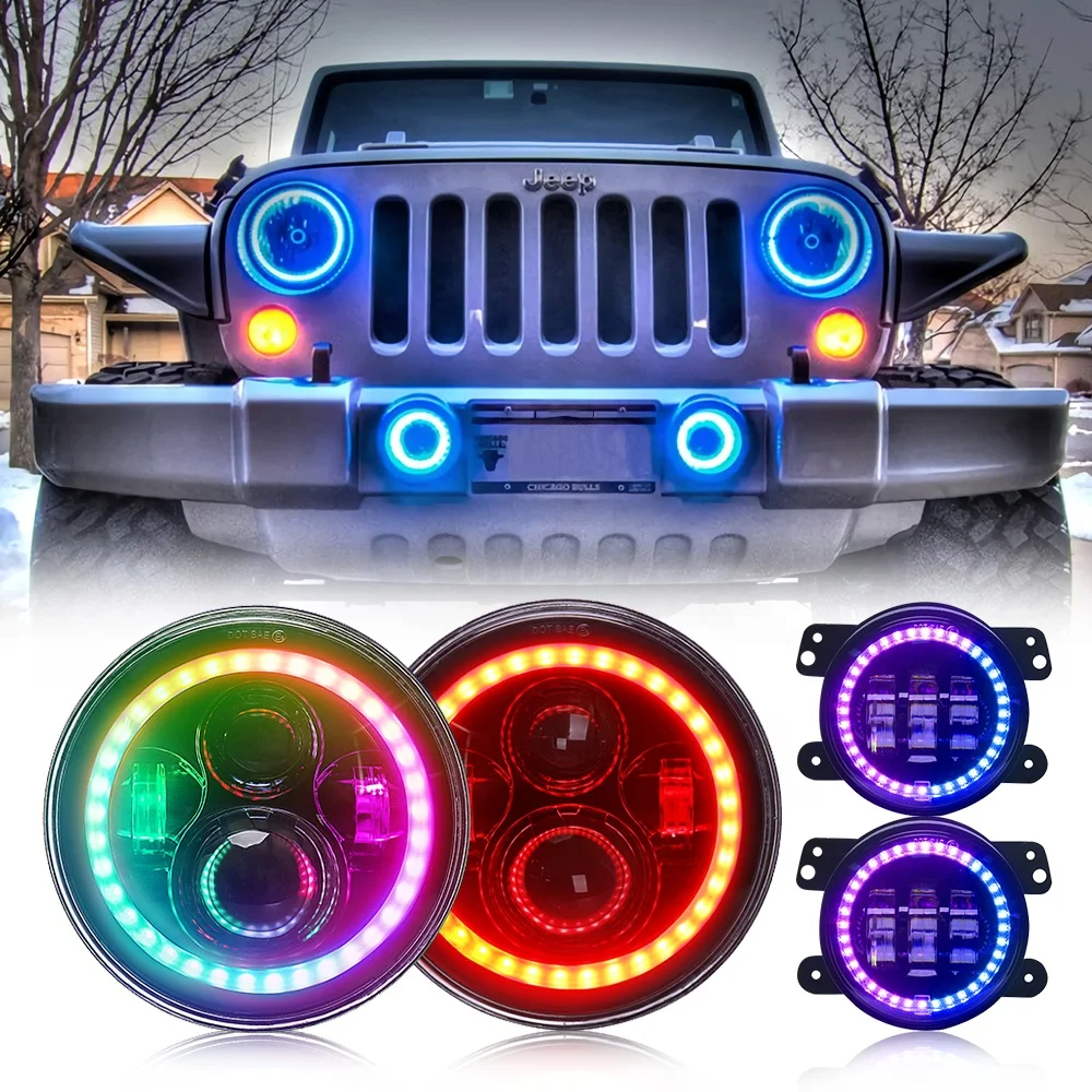 Система De Iluminacions Motorcycle Led 105W Drl Kit Faros Ambar Rgb 7 &quotRound Halo RGB Bulb Фары