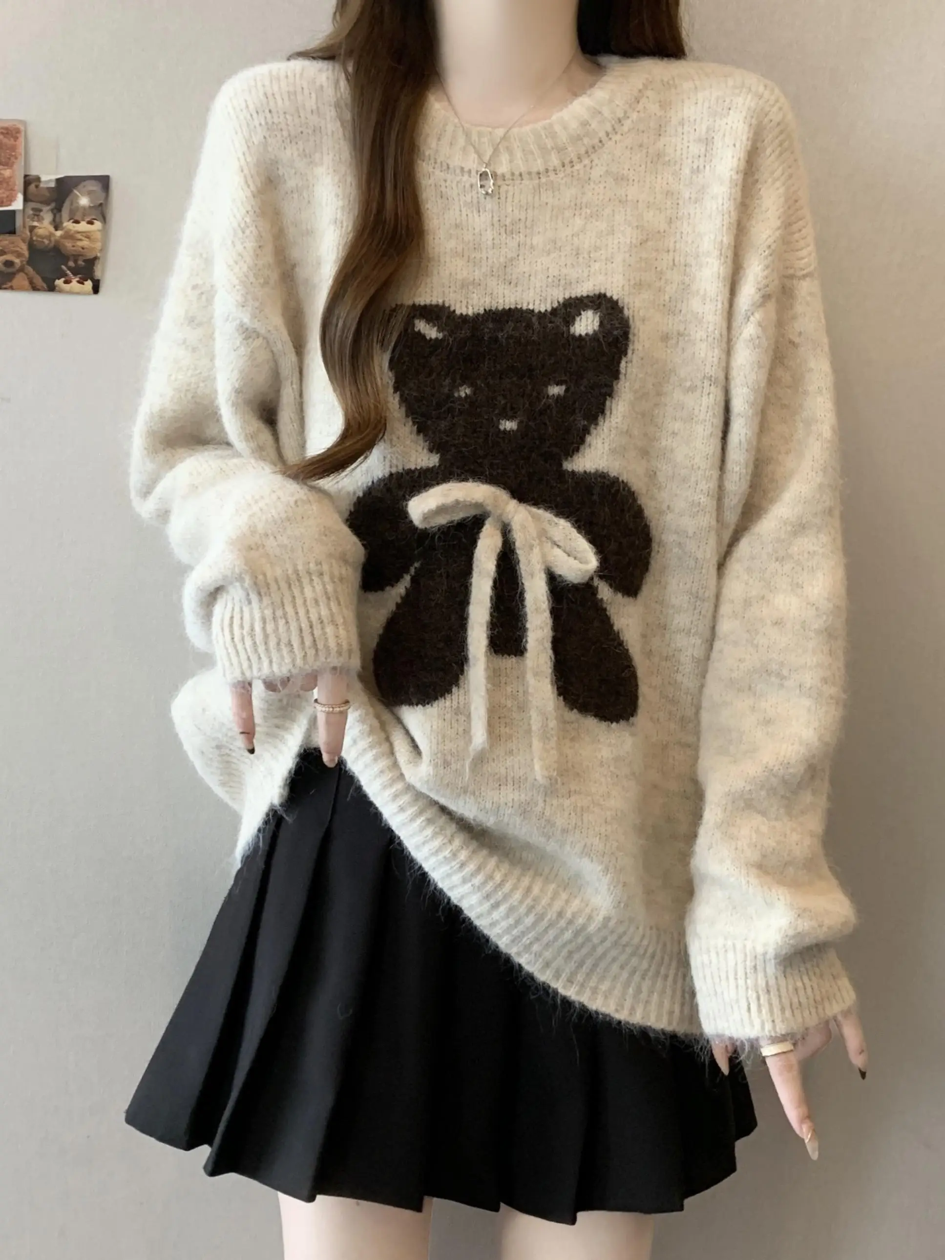 Вязаный свитер больших размеров с французским бантом и медведем женская одежда