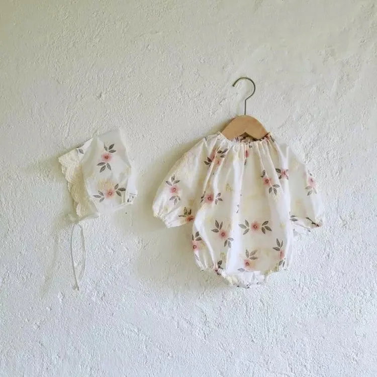 2022 Autumn New Baby Girl Long Sleeve Flower Print  Bodysuit + Hat 2pcs Baby Girl Outfits Newborn Infant Girl Jumpsuit Clothes