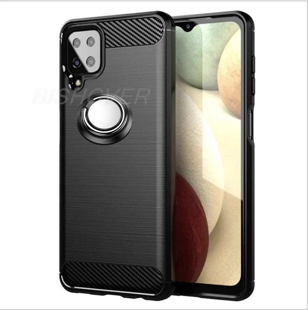 Роскошный Матовый чехол для телефона из углеродного волокна для Samsung Galaxy F12 F22 M12 M42 искусственная кожа магнитный держатель с кольцом чехол