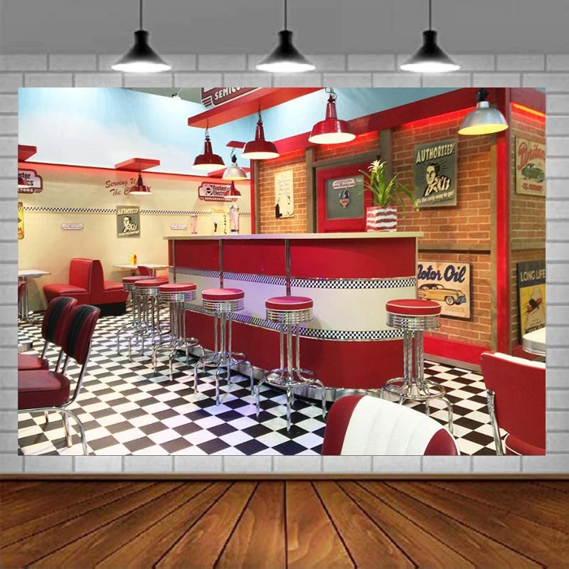 

Photography Backdrop Dining Fast Food Soda Shop 50s Resumed Catering Meal Time Background Banner Child Birthday Shower Decor