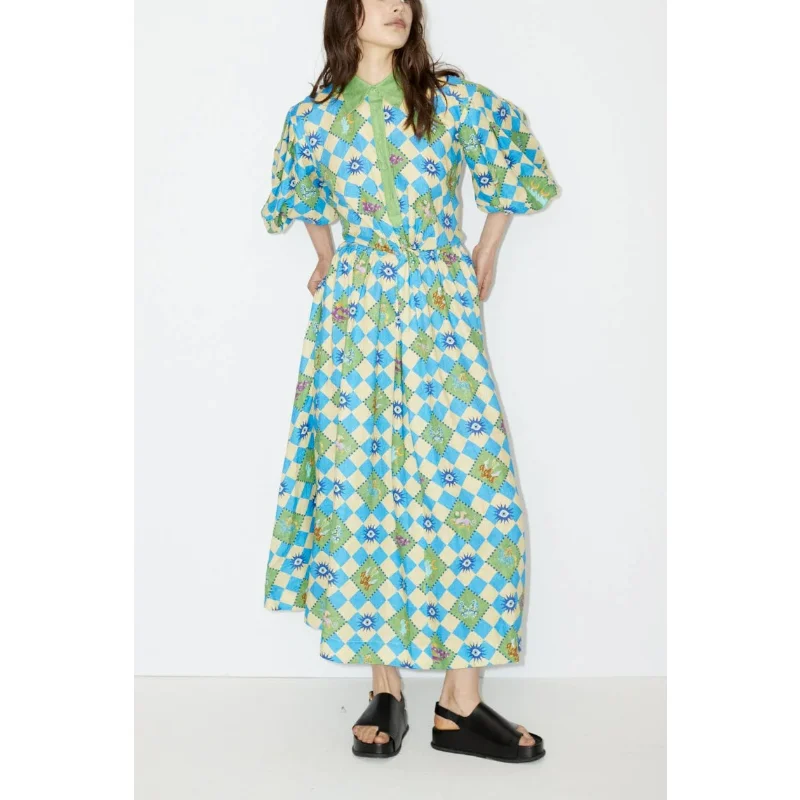 

New Arrivals 2023 Summer Top Quality Women Fashion Women Fashion High Street Print Hollow Out Half Lantern Sleeve Midi Dress
