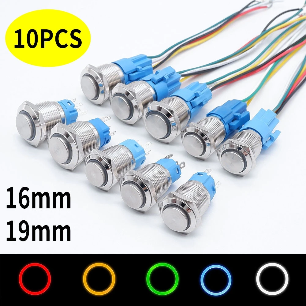 

10PCS 16mm 19mm Metal Light Buttons Push Switch Ring LED Light Waterproof Latching Self-lock Self-reset With Socket Switch 12V