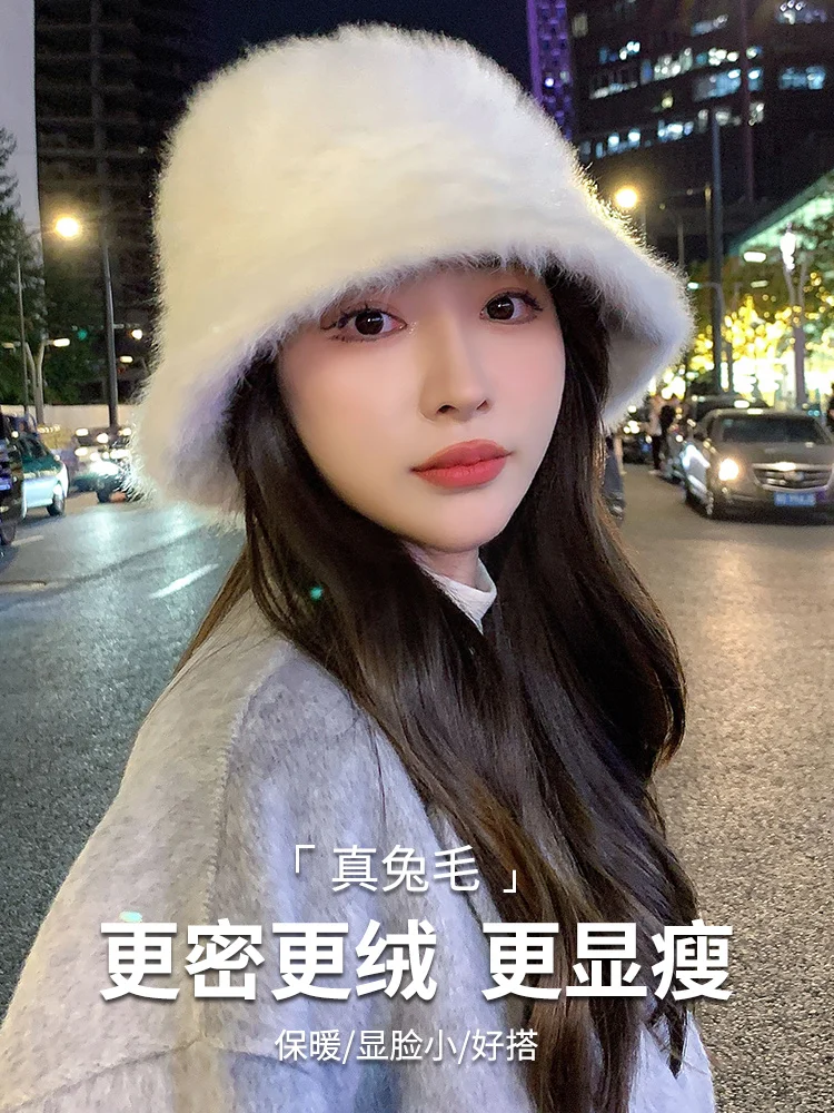 

White Rabbit Fur Hat Women Plush Fisherman Hat Big Head Circumference Winter Furry Bucket Hat Large Size Makes Face Look Smaller