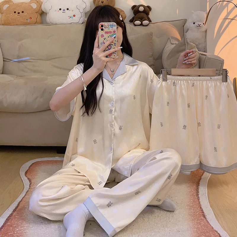 [Bubble Bear Three Piece Set] New Spring and Summer Bubble Bear Short and Long Shorts New Pajamas Women's Home Furnishing Set