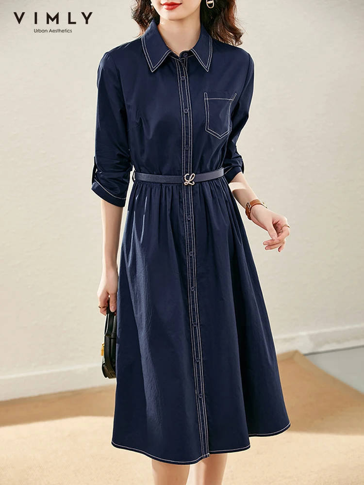 

VIMLY Polo Dresses for Women 2022 Fashion Office Ladies Temperament Button Belt A-line Slim Waist Dress Korean Style Women V1032