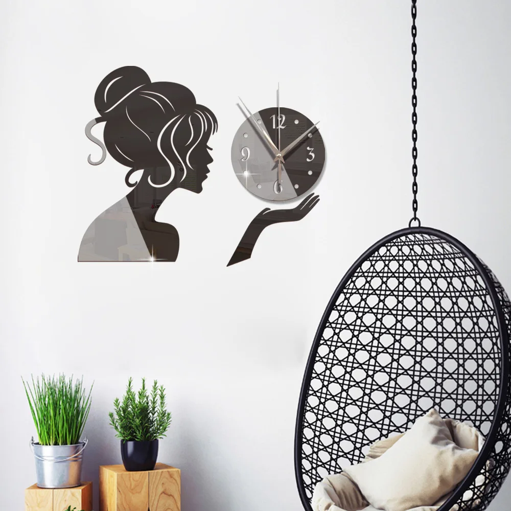 

Зеркальные акриловые часы для девочек, креативные настенные тихие часы на клейкой основе, современные украшения для гостиной и дома