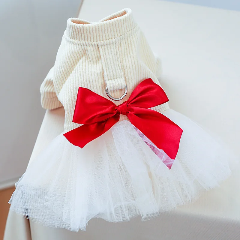 

Exquisite Pet Lovely Princess Gauze Dress Autumn Winter Warm Dog Cat Clothing Small and Medium-Sized Dog Puppy Beige Chest Back