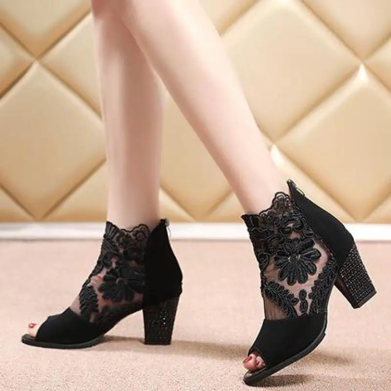 2022 New Ladies Fashion Basic Sandals Boots Sexy Cutout Mesh Lace-up Boots Women's High Heels Party Shoes Tacones Mujer TGHDOF