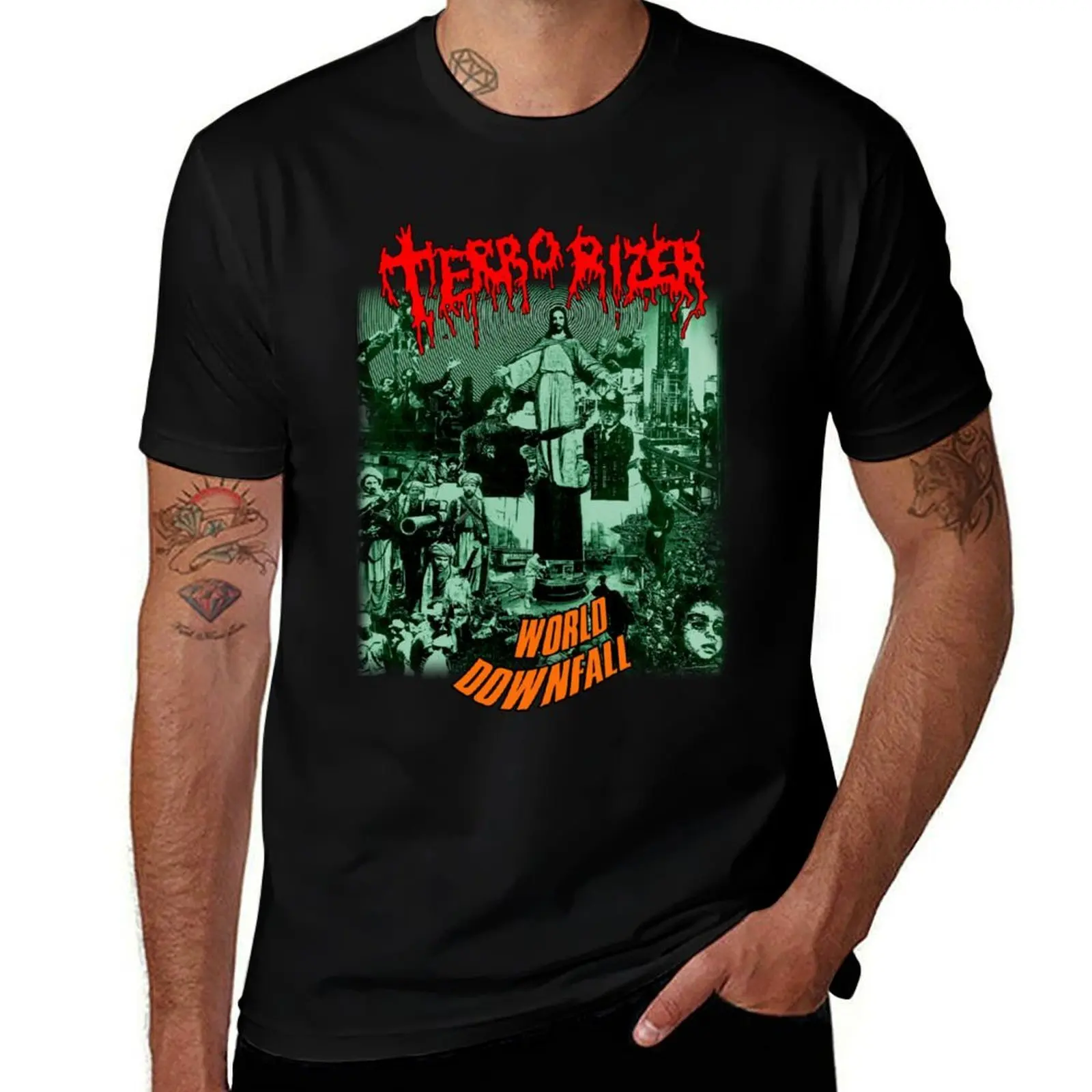 Фото Футболка World Downfall by Terrorizer Classic Old School Death Grind Metal, базовая однотонная футболка с короткими рукавами №1