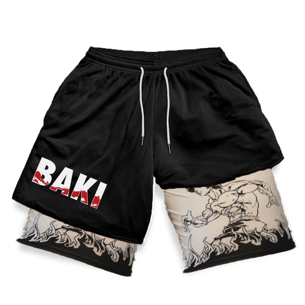 Мужские шорты для фитнеса Hanma Baki с аниме принтом черные двухслойные