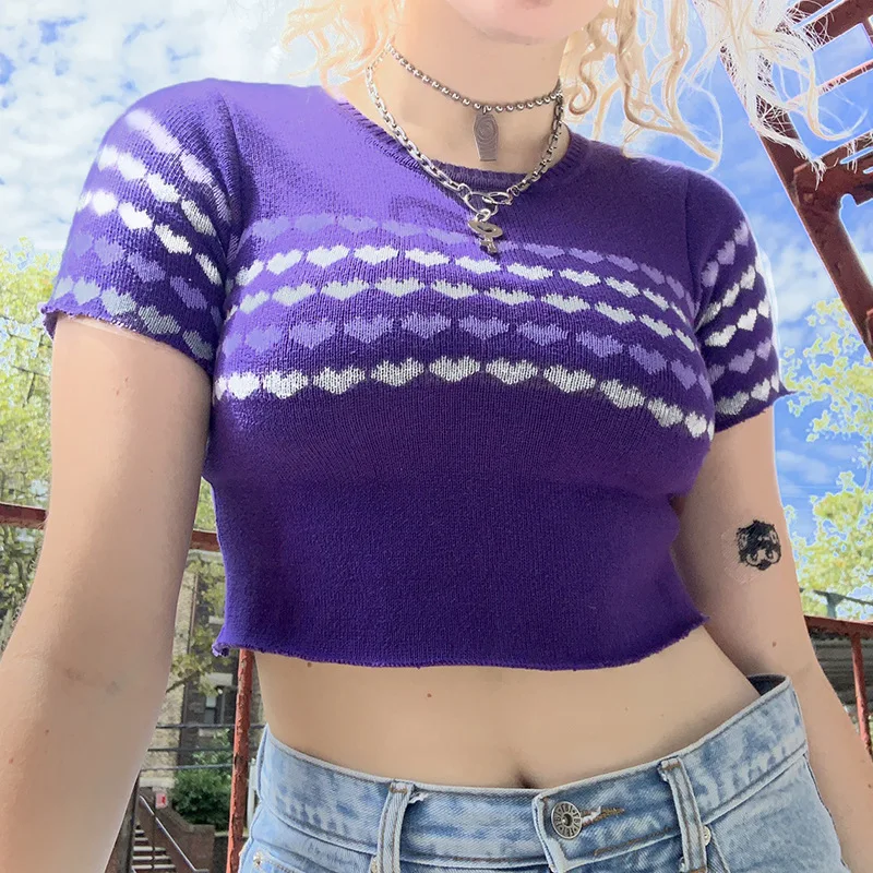 

Women Heart Print Purple Sweet Knitted Crop Tops O Neck Contrast Preepy Style Short Tops Summer Girl Chic Slim Casual T Shirts