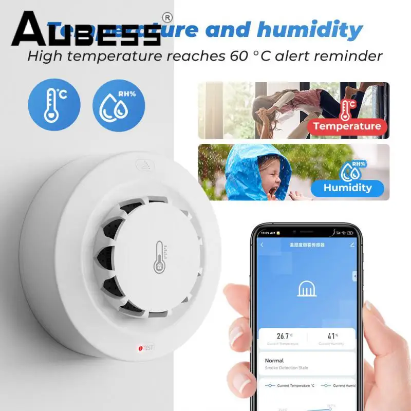 

Thermometer Detector 2 In 1 Voice Control Home Security Sharing Function Portable Work With Alexa Google Smart Smoke Alarm White