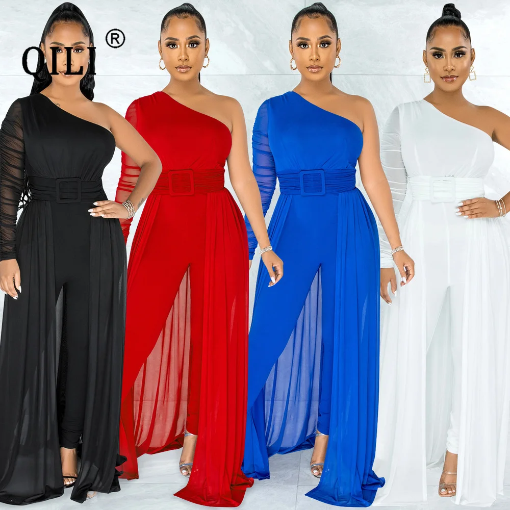 QILI One Shoulder Womens Fake Two Piece Jumpsuits Fashion Casual Outing Clothes Travel Jumpsuit Elagant Lady Party Wear