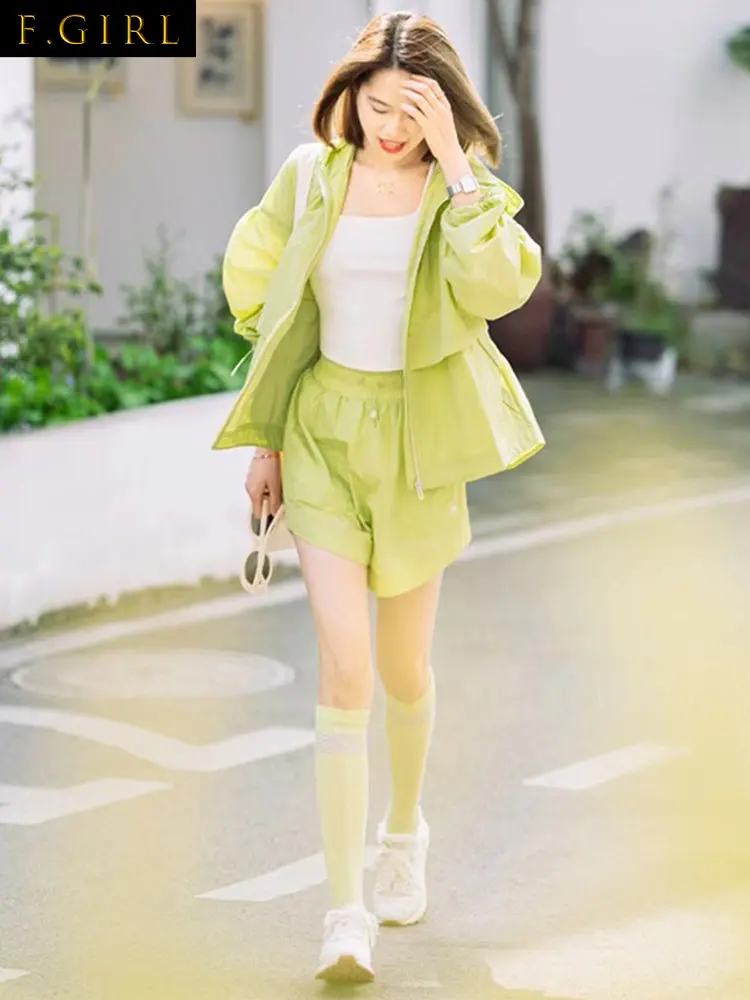 

Summer Suits Women 2023F GIRLS Mustard Green Tracksuit Female Summer 2023 New Korean Fashion Casual Sunscreen Thin Coat Shorts T