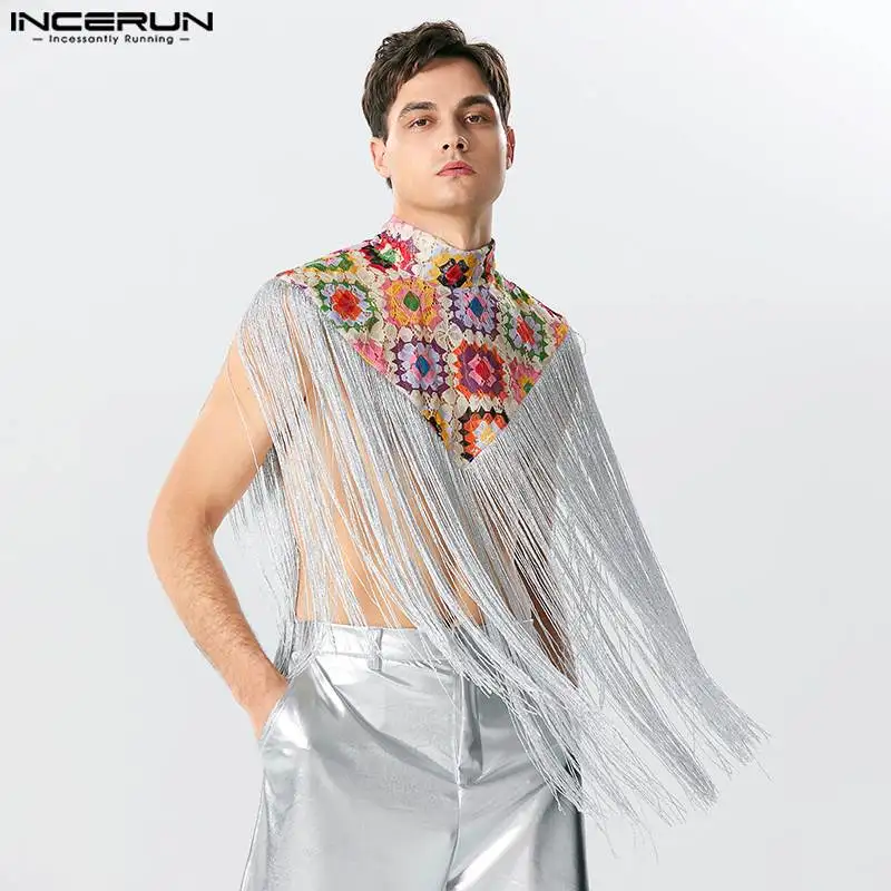 

Fashion Casual Style Tops INCERUN Men's Tracery Print Tassel Triangular Design Vests Half High Collar Shawl Waistcoat S-5XL 2023