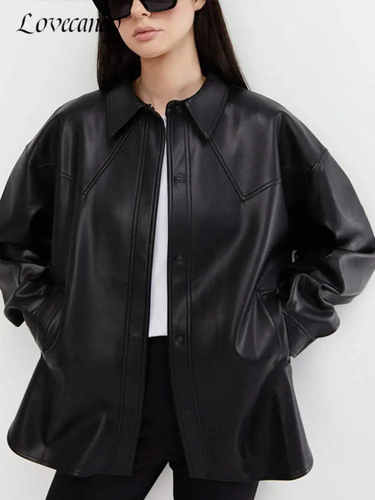 Осенне-зимняя черная кожаная куртка для женщин свободная тонкая мотоциклетная с