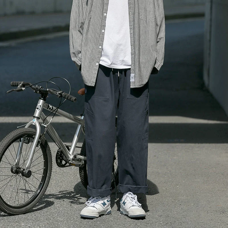 

NoEstaMal 2022 New Men's Solid Casual Pants Japanese Style Wide Leg Drawstring Trouser Streetwear Straight Hip Hop Male Pant