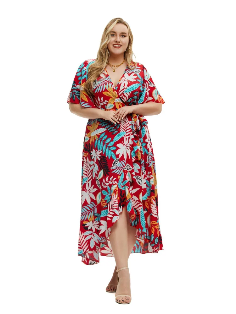 Plus size women summer new short-sleeved printed wrap dress  evening dresses  party dress