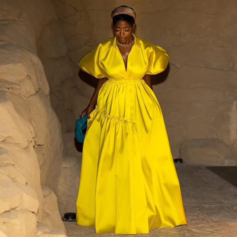 

Африканское платье Дашики для женщин, пышное платье с рукавами-фонариками, длинное платье-качели, на пуговицах, с высокой талией Вечерние ве...