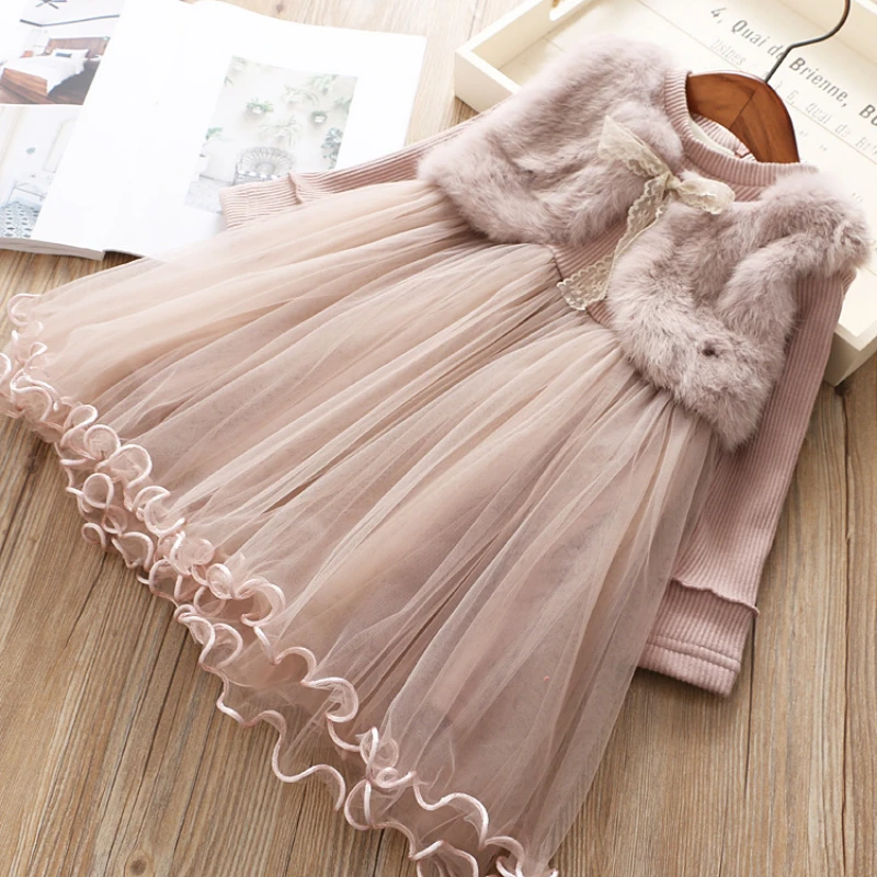 Girls Tulle Dress Korean Style Long Sleeve Fake Two Pieces Fluff Princess Dress Kids Lace Birthday Wedding Party Casual Vestidos