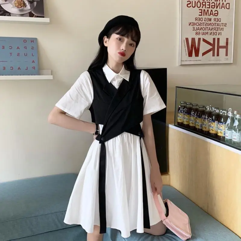 

New Vintage Gothic Lolita Dress Women Harajuku Black Bandage White Mini Dress Summer Short Sleeve High Waist Party Vestido Suit