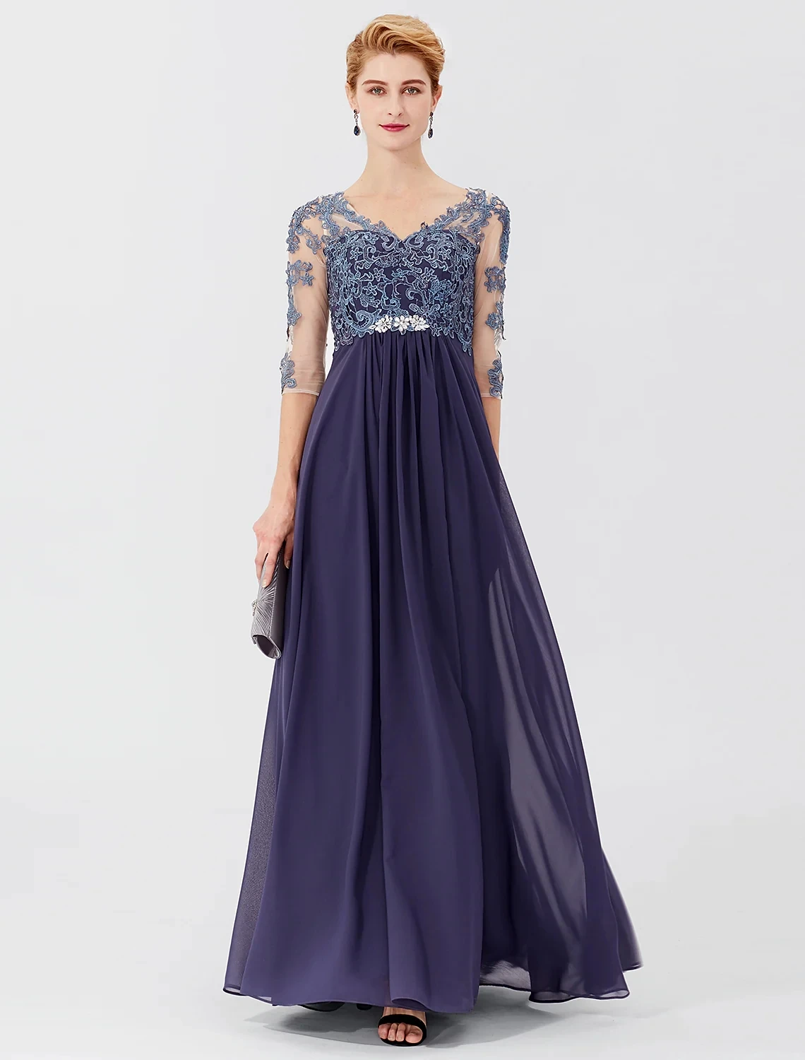 

A-line Mother of the Bride Dress V Neck Floor Length Chiffon Sheer Lace Half Sleeves Wedding Guest Party Gowns 2023